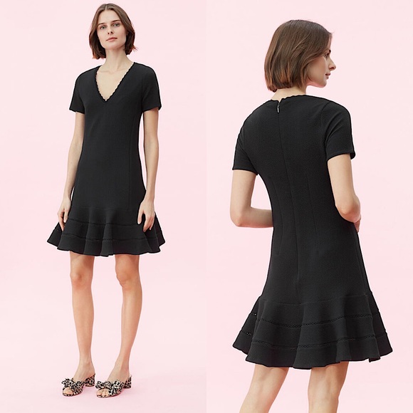Rebecca Taylor Stretch Texture Scallop V-Neck Mini Drop Waist Ruffle Dress Black - Picture 3 of 16